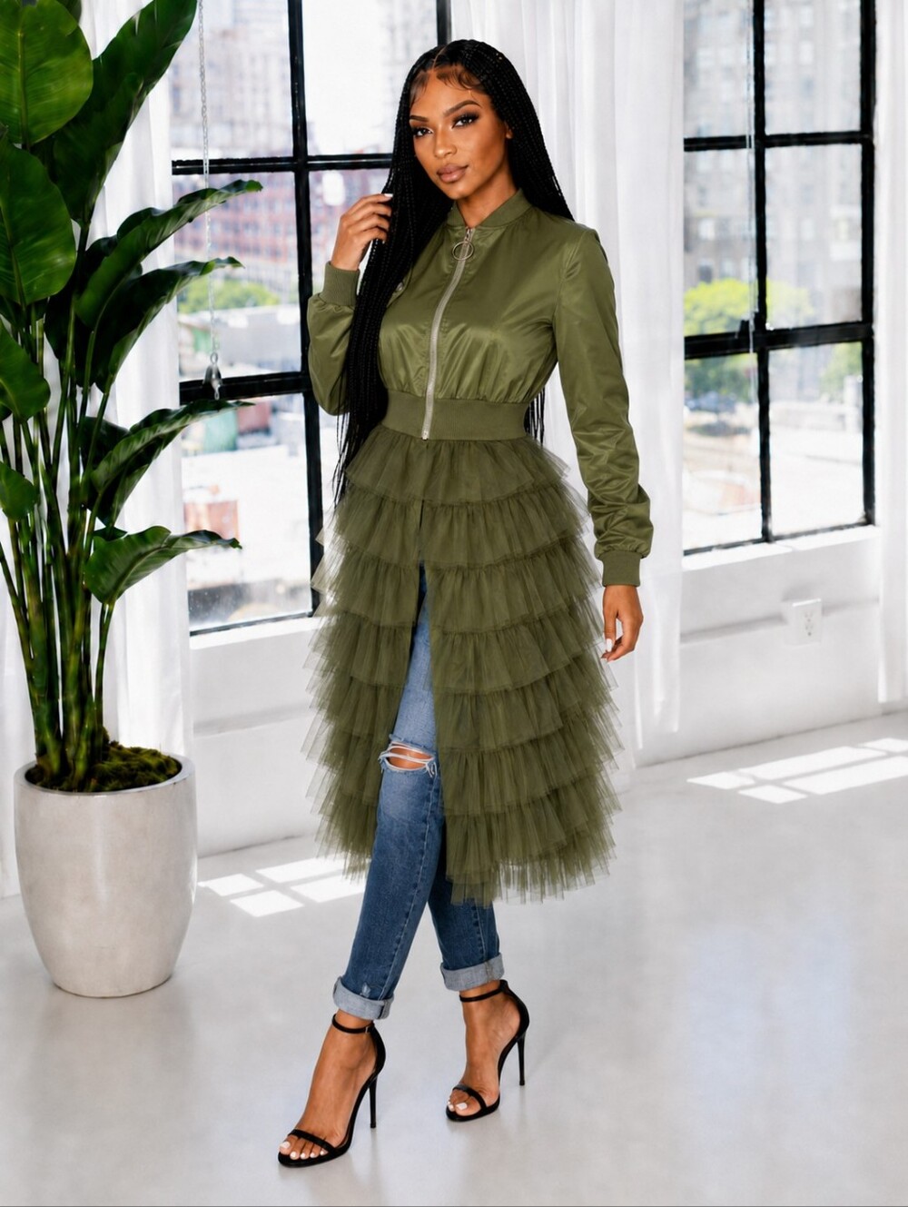 Fairygrunge Khaki Tiered Mesh Tulle Utility Bomber Maxi Coat Dress Avant Garde M